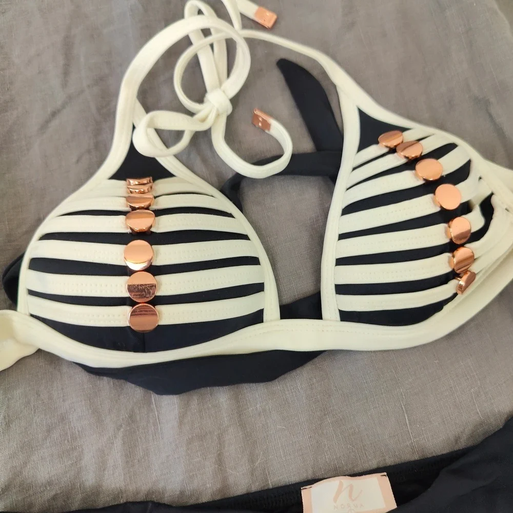 Norma Womens Bikini Set Large Black White Striped Rose Gold Hardware‎ Nautical